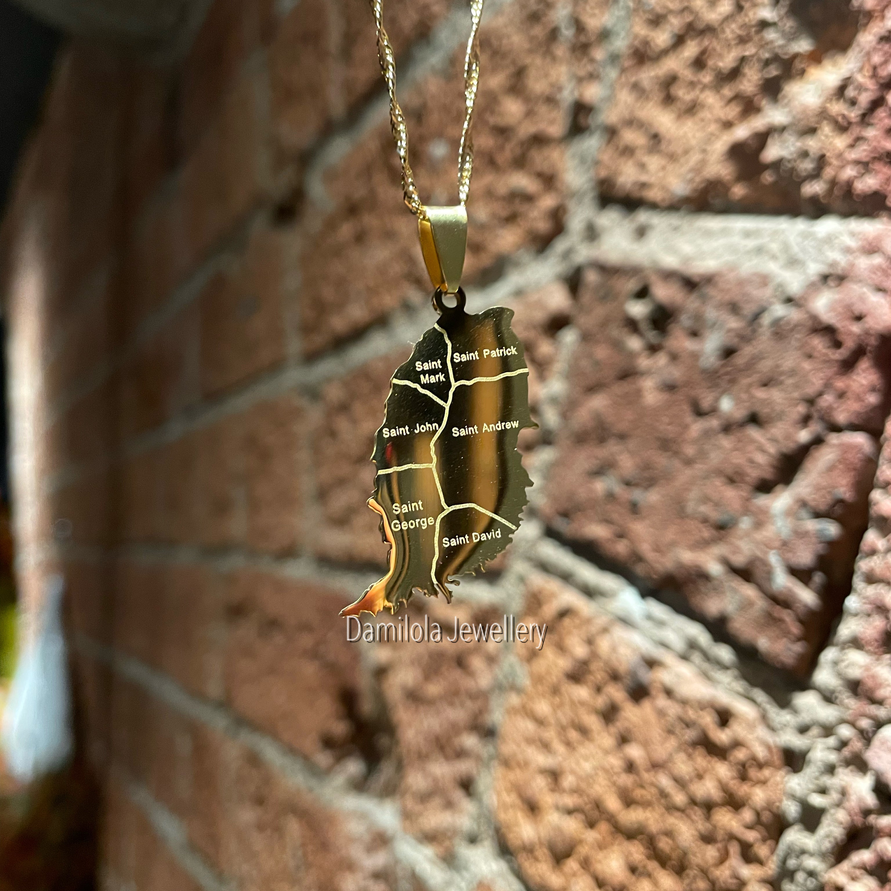 Grenada Engraved Map Necklace - Silver/Gold