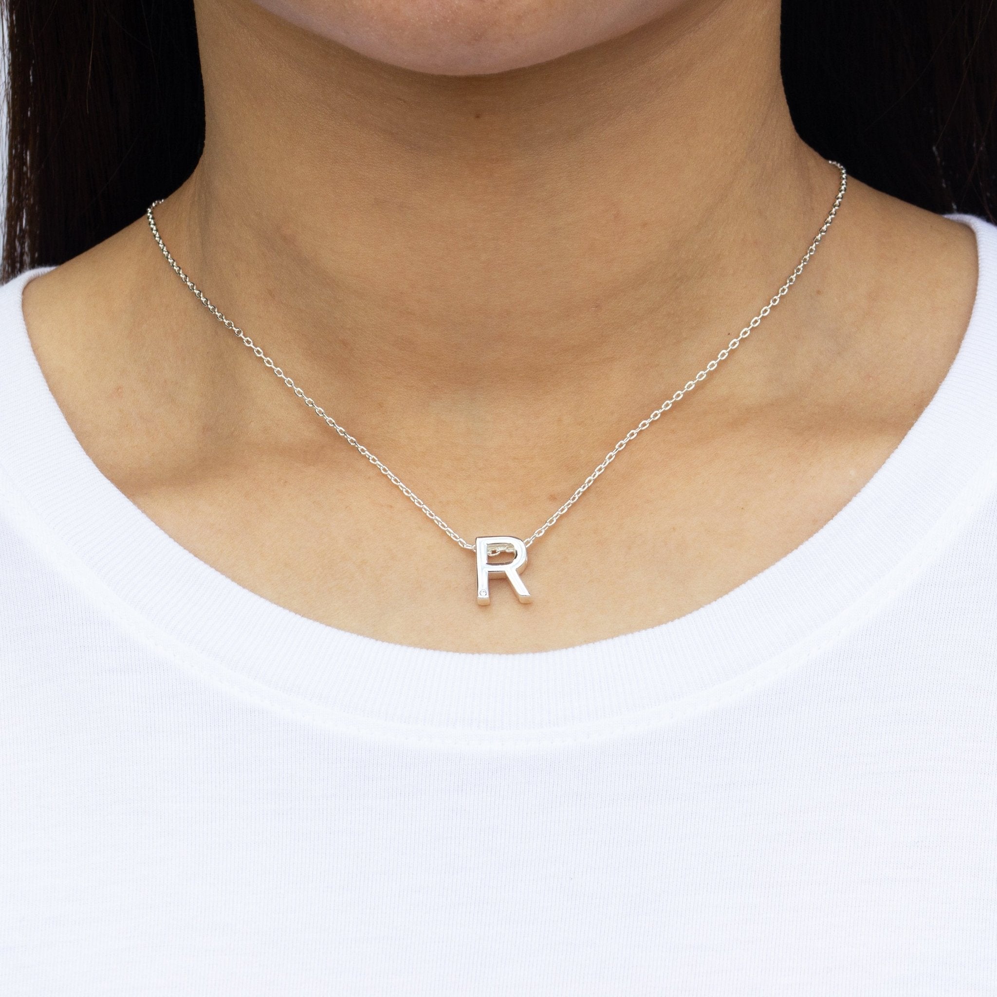 Initial Necklace Letter R Created with Zircondia® Crystals