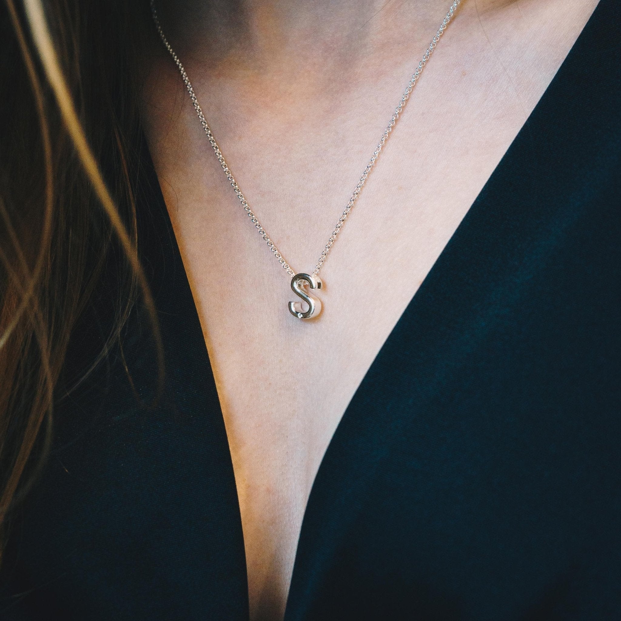 Initial Necklace Letter S Created with Zircondia® Crystals