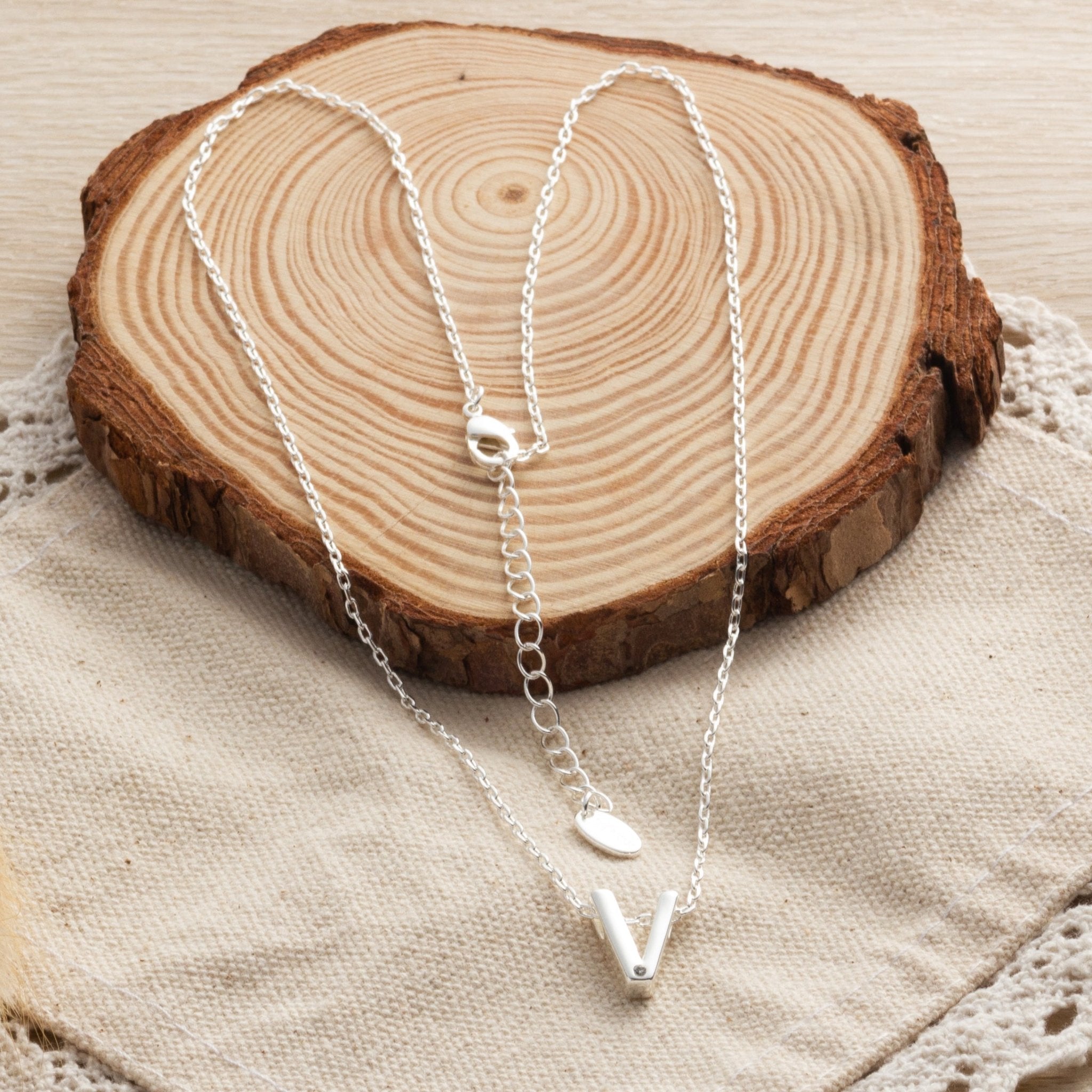 Initial Necklace Letter V Created with Zircondia® Crystals