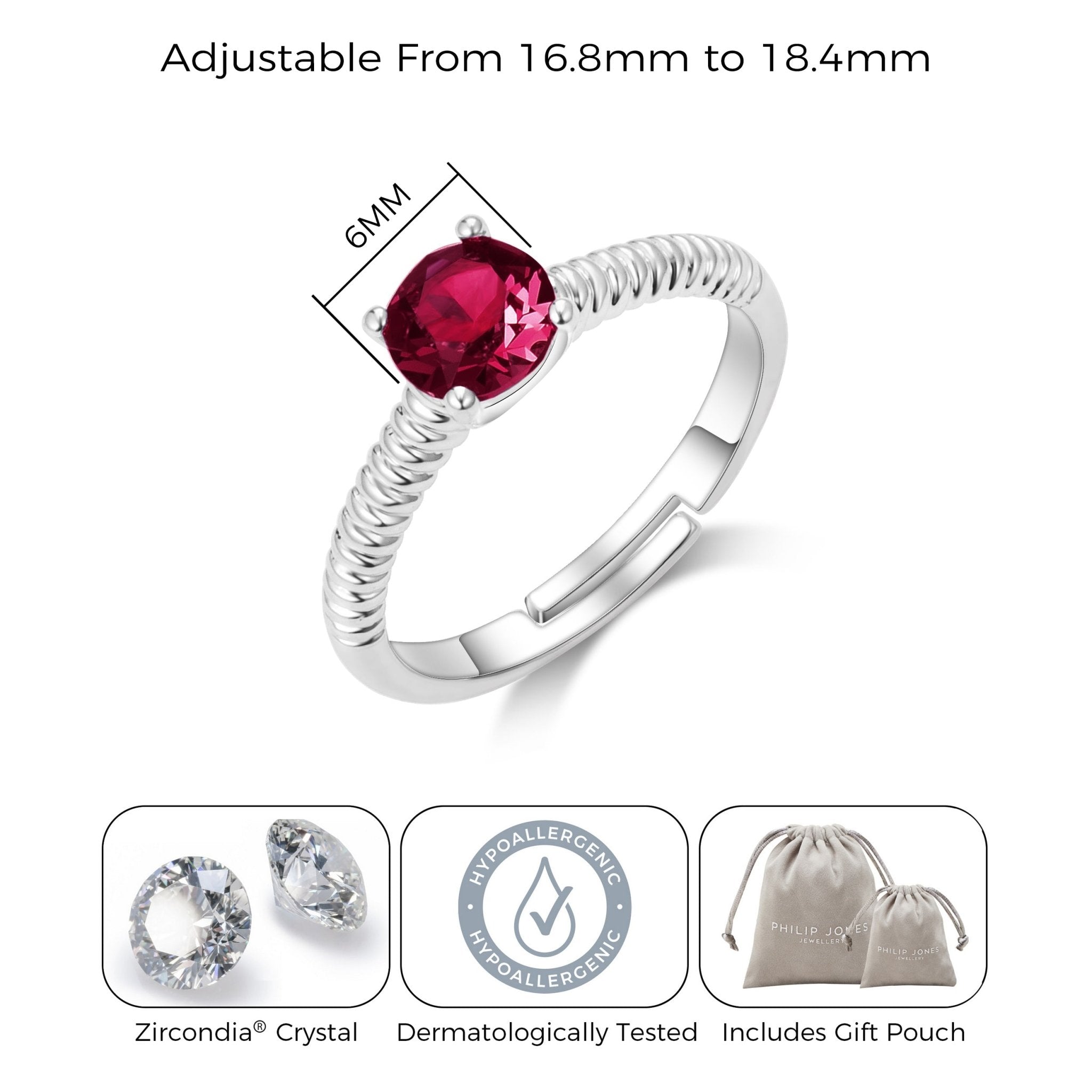 July (Ruby) Adjustable Birthstone Ring Created with Zircondia® Crystals