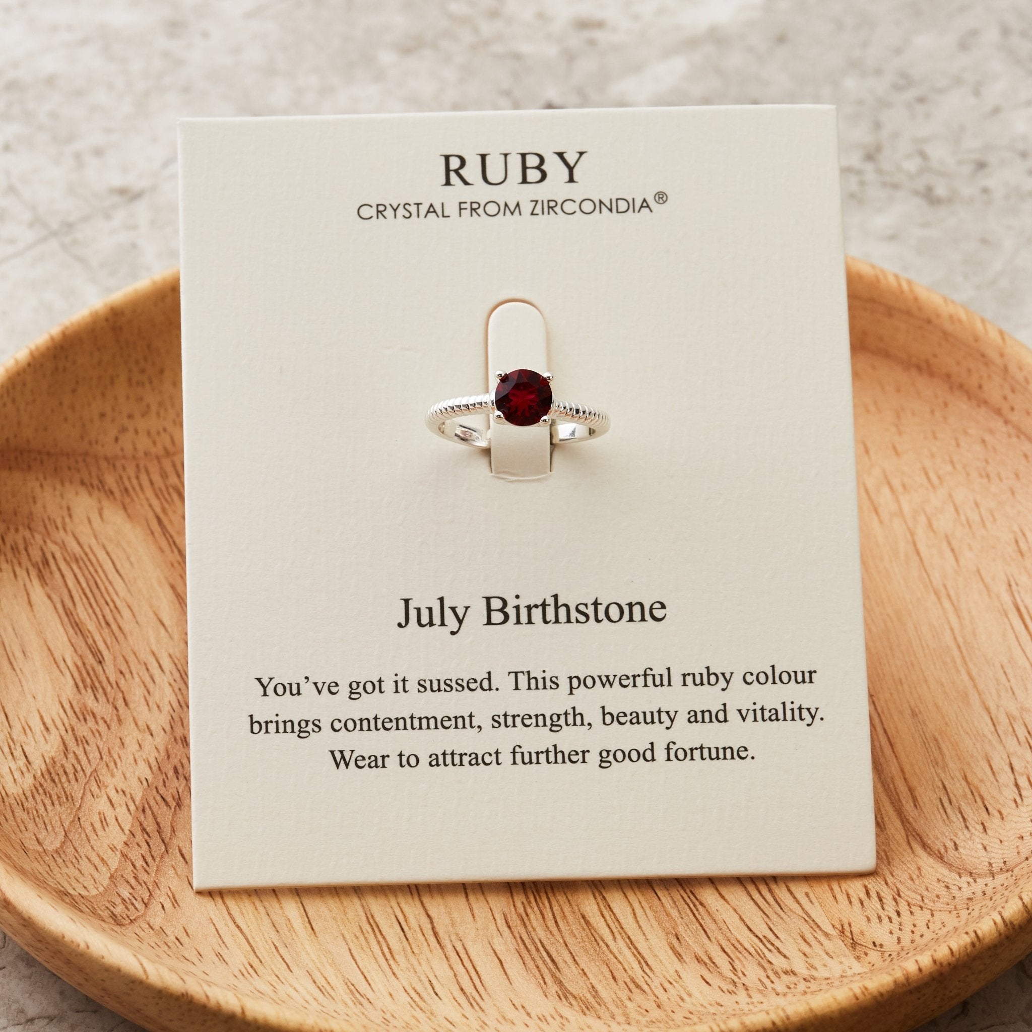 July (Ruby) Adjustable Birthstone Ring Created with Zircondia® Crystals