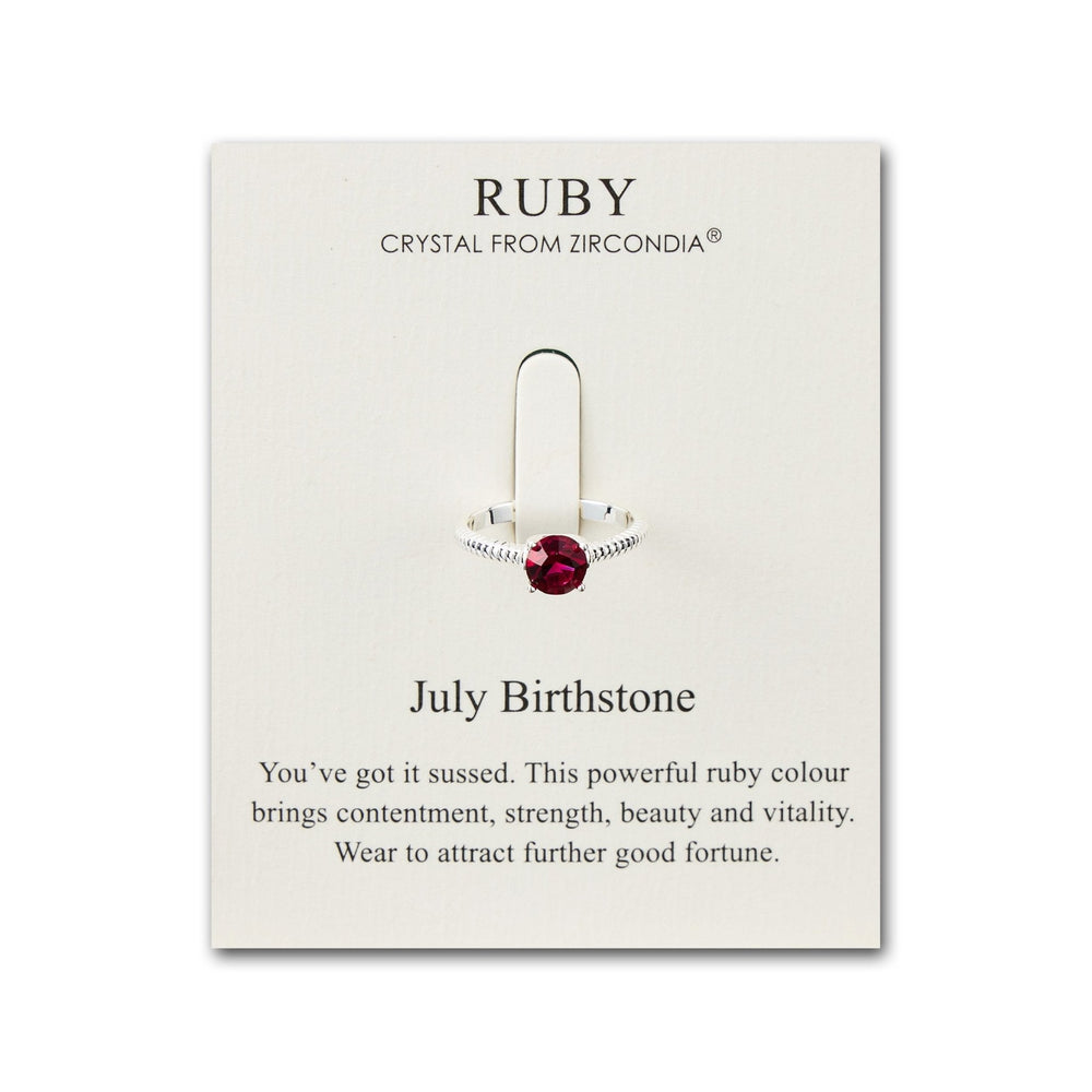 July (Ruby) Adjustable Birthstone Ring Created with Zircondia® Crystals