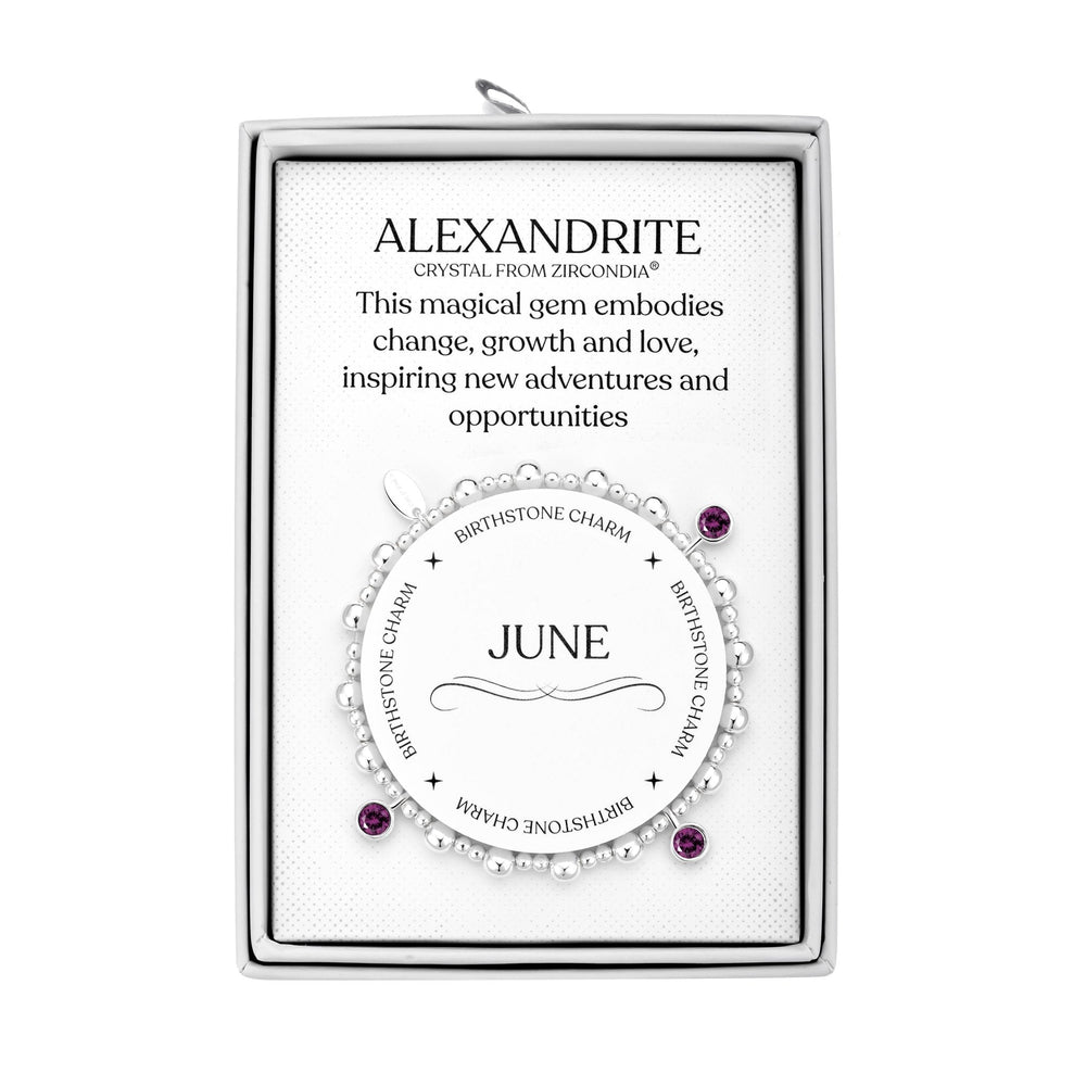 June (Alexandrite) Birthstone Stretch Charm Bracelet with Quote Gift Box