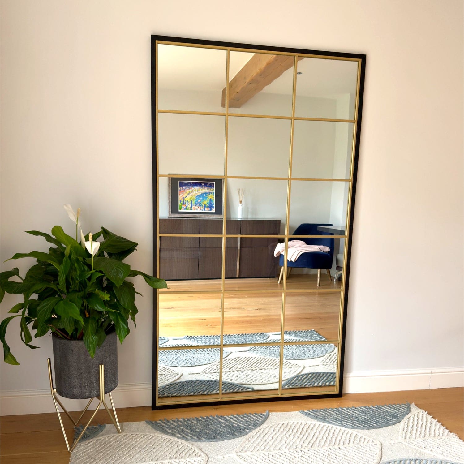 Kyō - Full Length Black and Gold Metal Rectangle Lattice Grid Mirror - 180cm x 105cm.