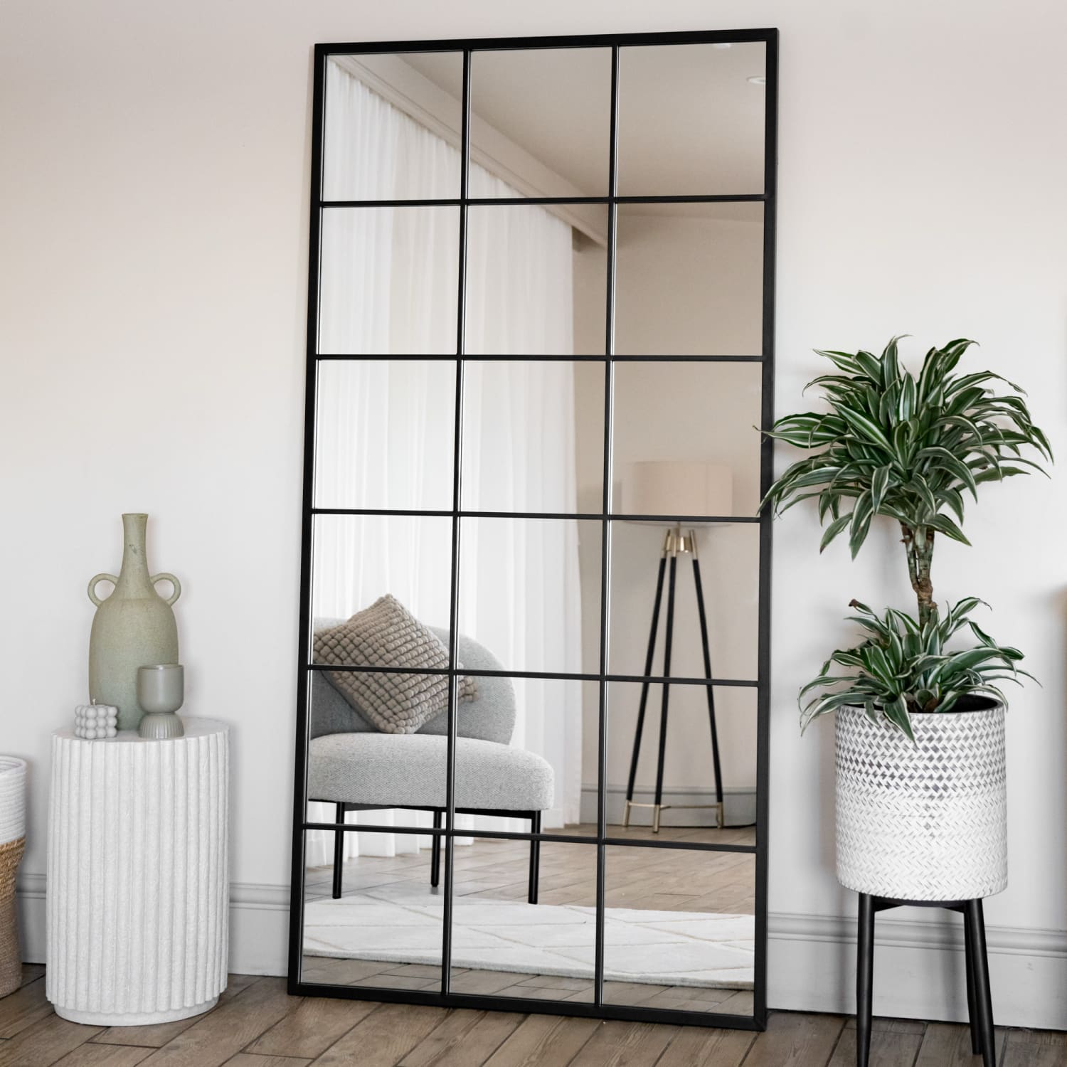 Kyō - Full Length Black Metal Rectangle Lattice Window Mirror - 180cm x 90cm