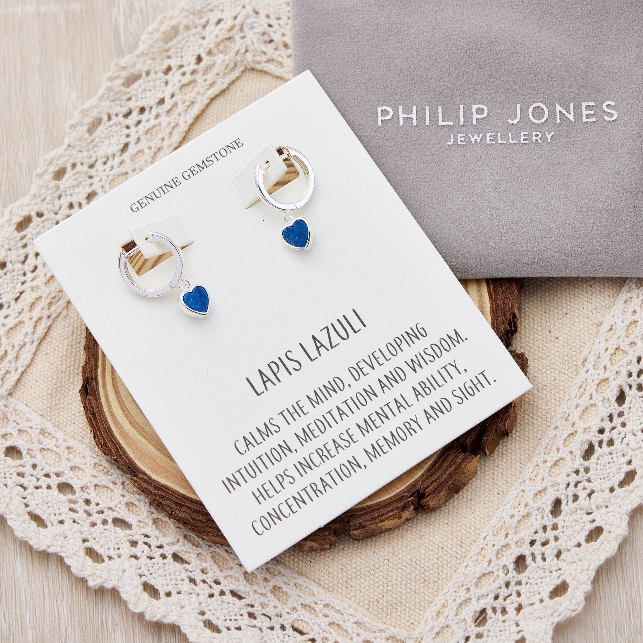 Lapis Gemstone Heart Charm Hoop Earrings with Quote Card