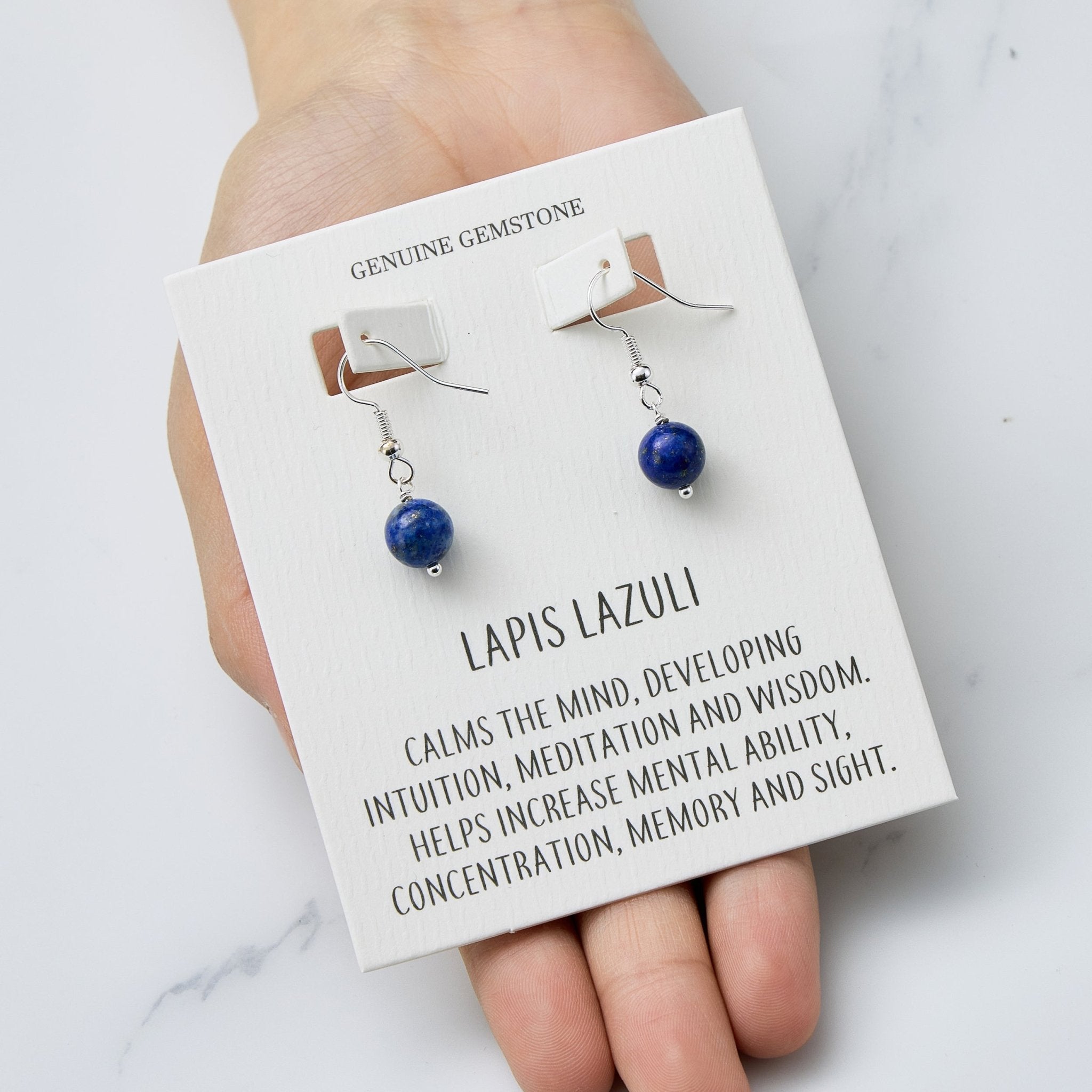 Lapis Gemstone Round Drop Earrings with Quote Card