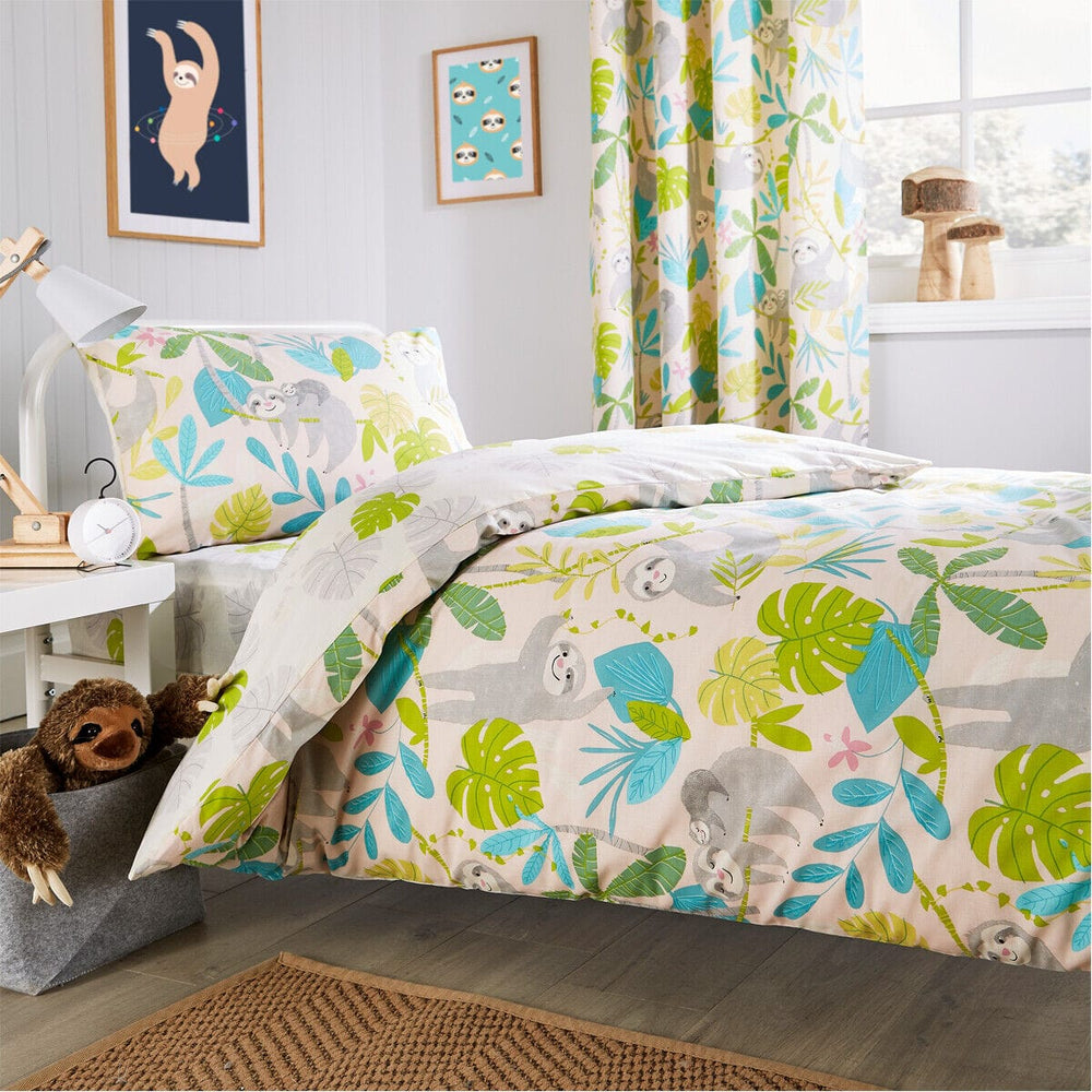Lazy Sloth Kids Duvet Set Soft Cotton Blend Bedding with Pillowcase and Matching Curtains OEKO-TEX Certified Available in Single and Double Sizes by OLIVIA ROCCO