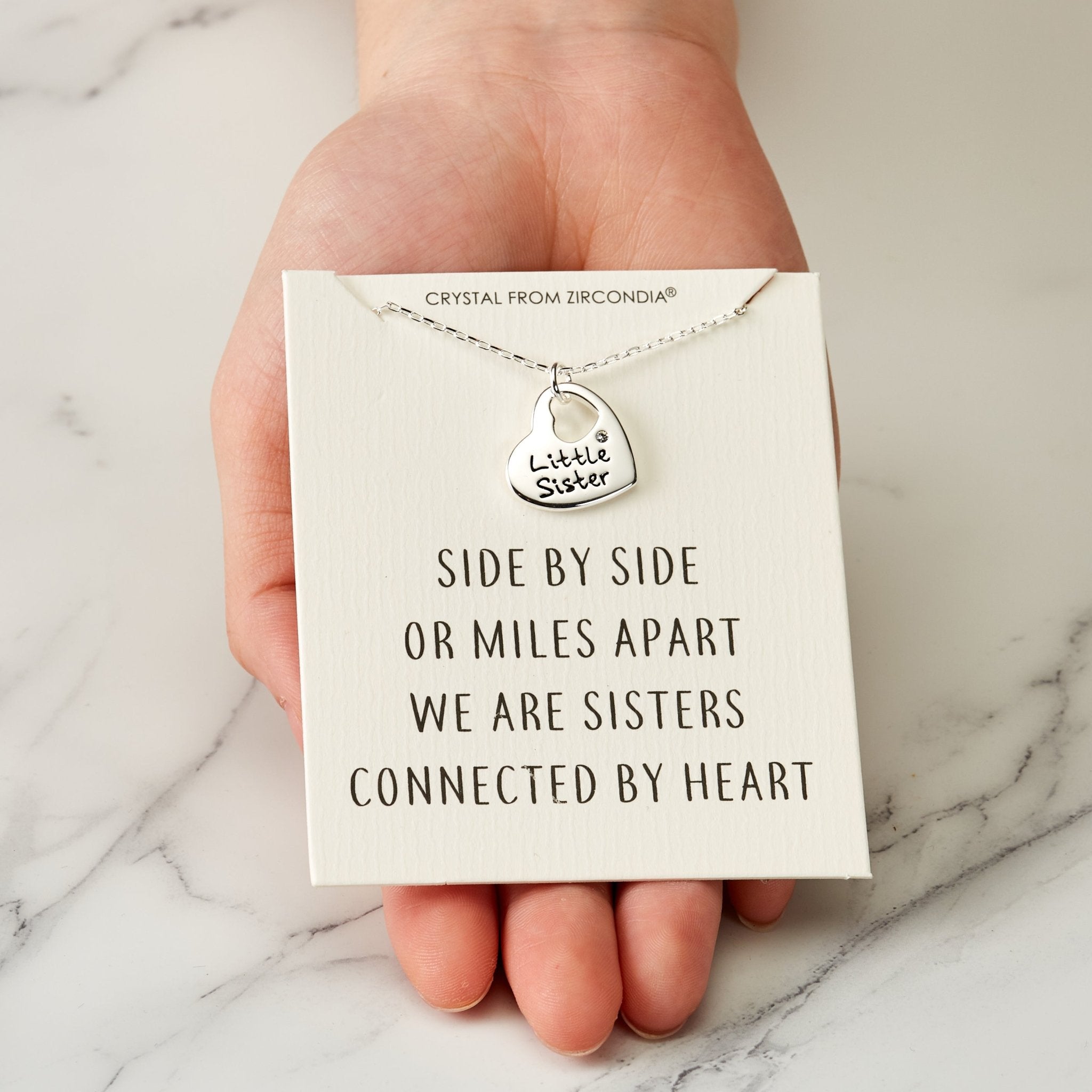 Little Sister Heart Necklace with Quote Card Created with Zircondia® Crystals