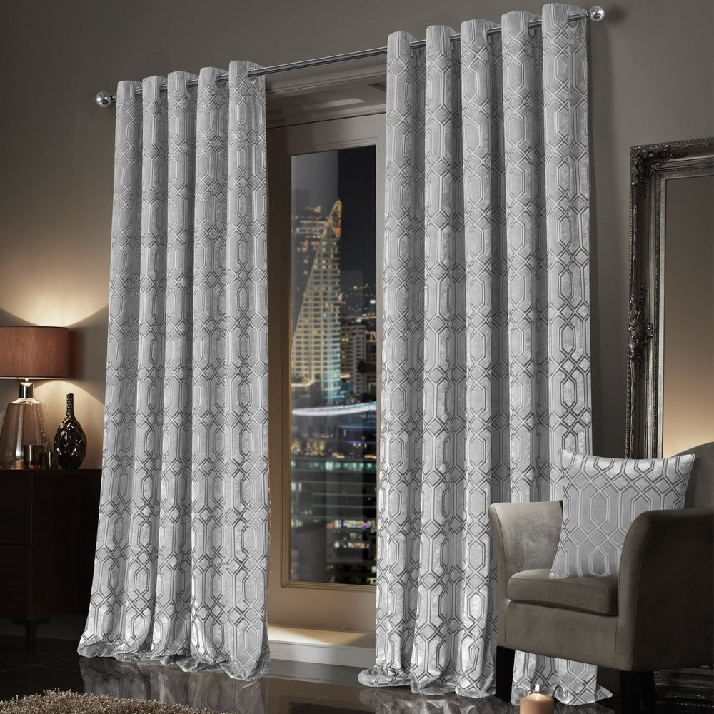 Luxe Geo Velvet Eyelet Curtains Grey Thermal Insulated Soundproof Light Blocking Drapes for Bedroom & Lounge by OLIVIA ROCCO