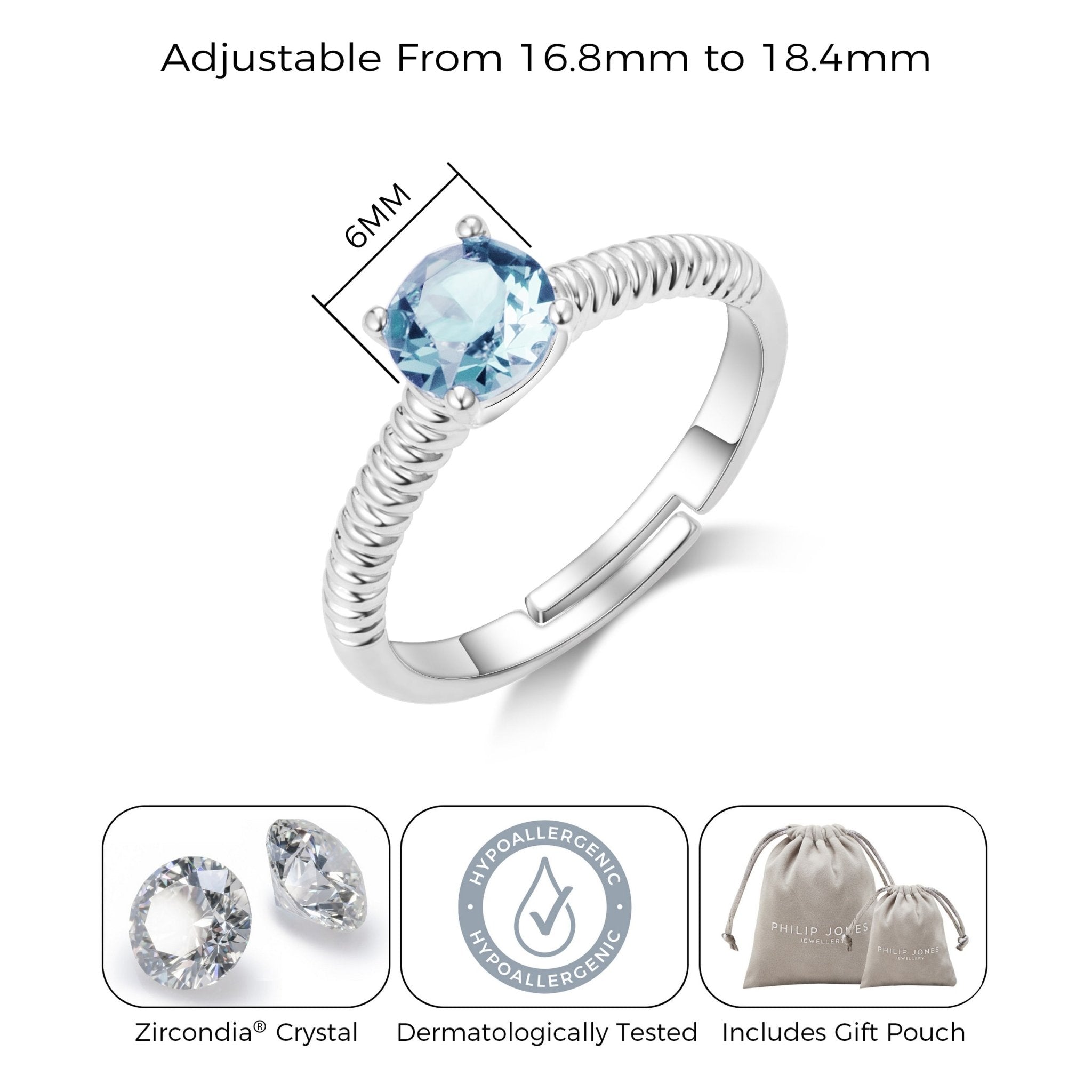 March (Aquamarine) Adjustable Birthstone Ring Created with Zircondia® Crystals