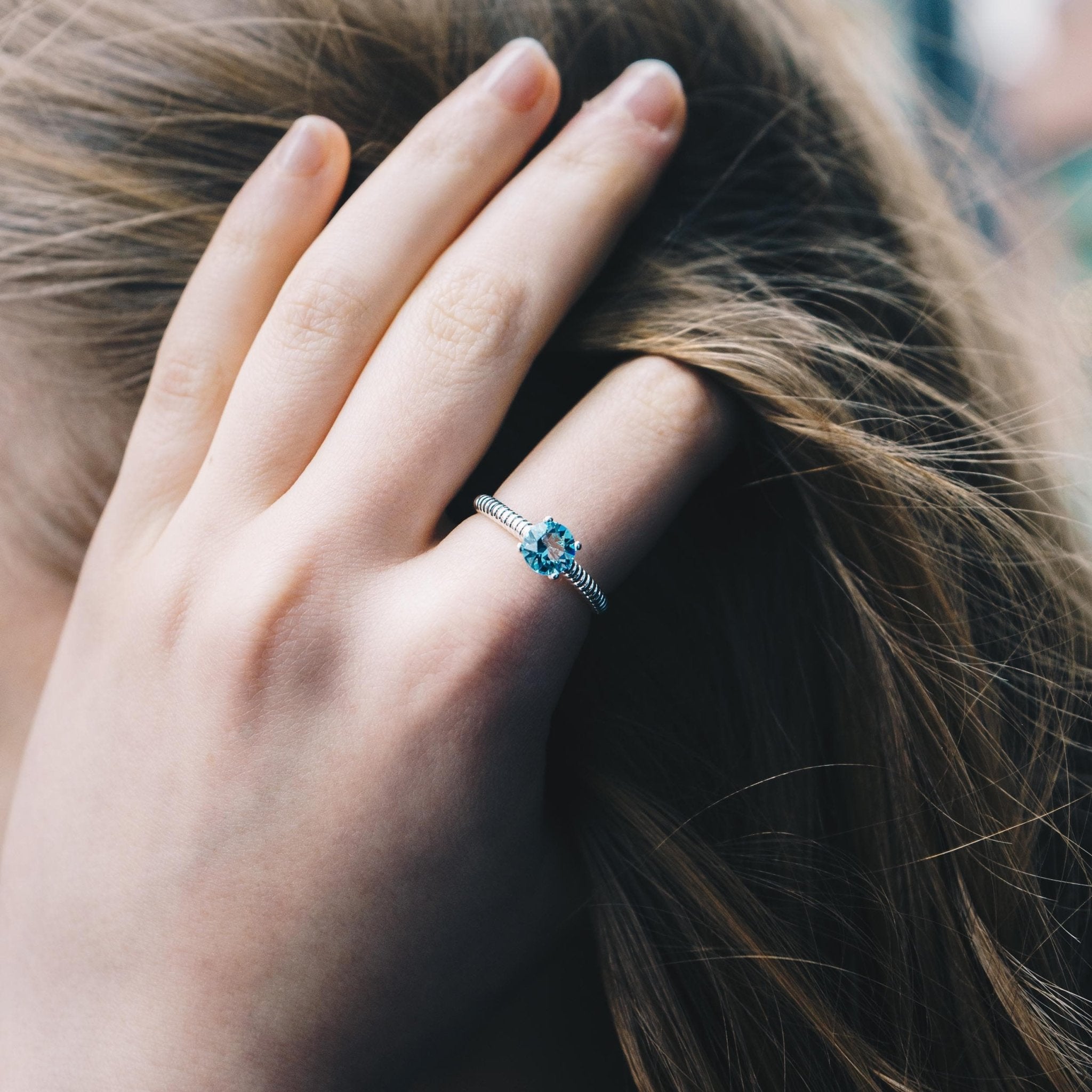 March (Aquamarine) Adjustable Birthstone Ring Created with Zircondia® Crystals