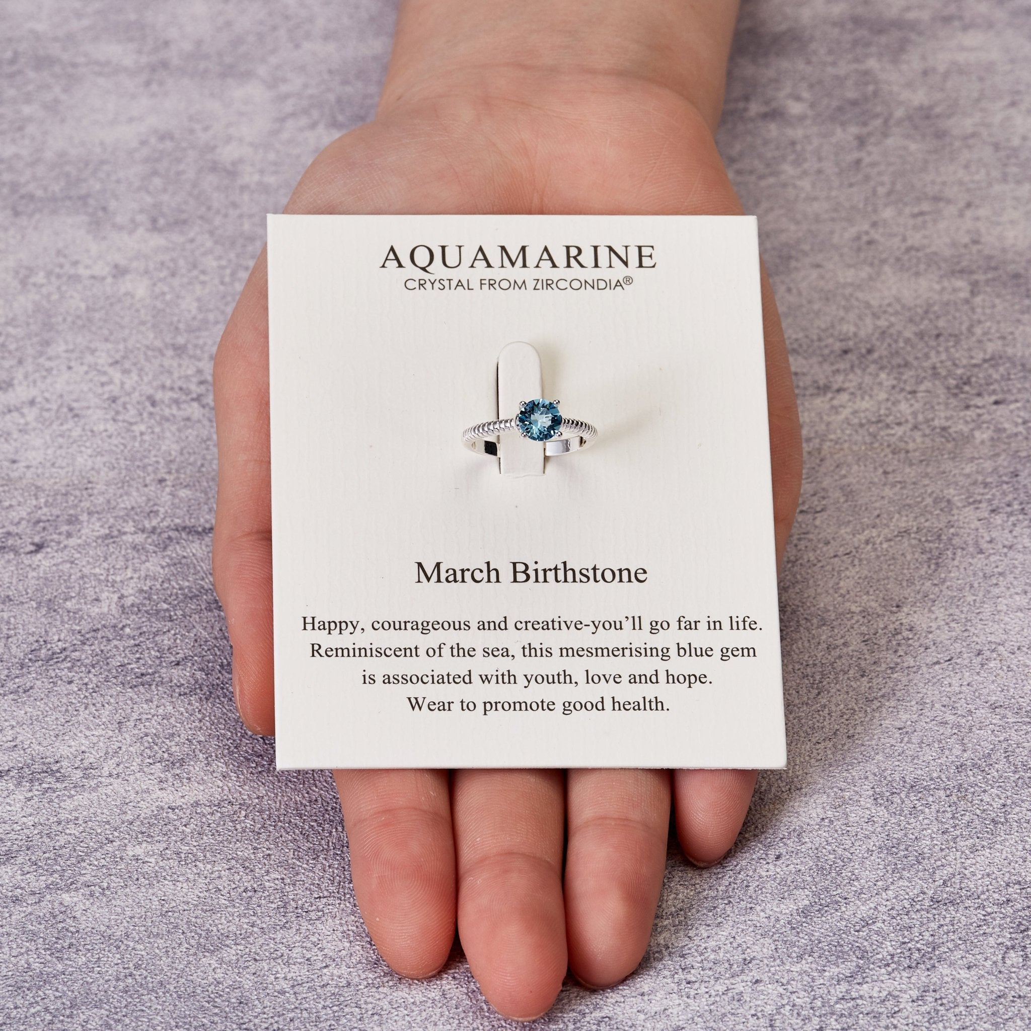 March (Aquamarine) Adjustable Birthstone Ring Created with Zircondia® Crystals