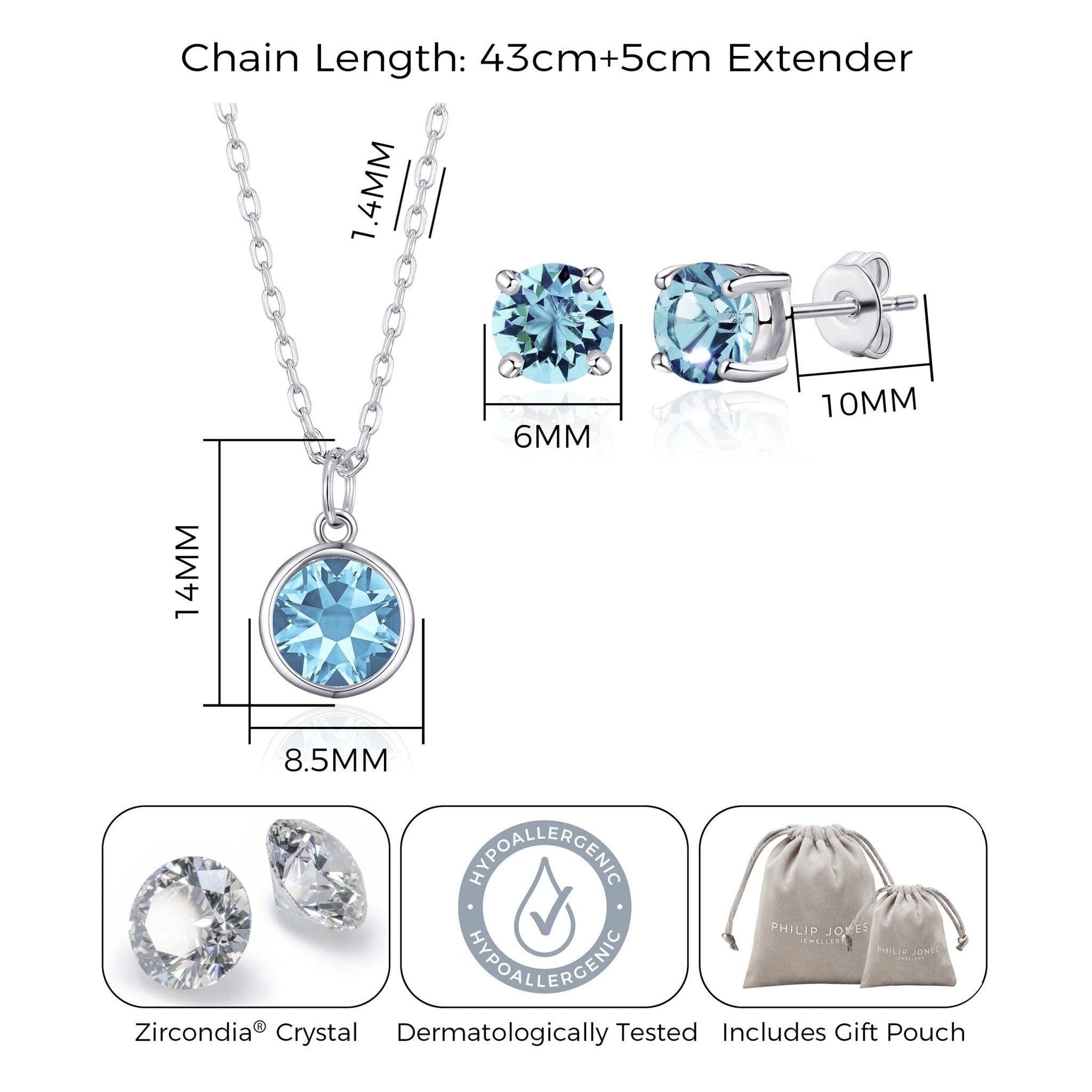 March (Aquamarine) Birthstone Necklace & Earrings Set Created with Zircondia® Crystals