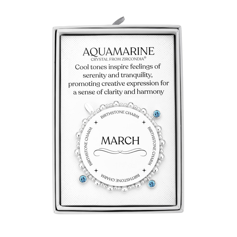 March (Aquamarine) Birthstone Stretch Charm Bracelet with Quote Gift Box