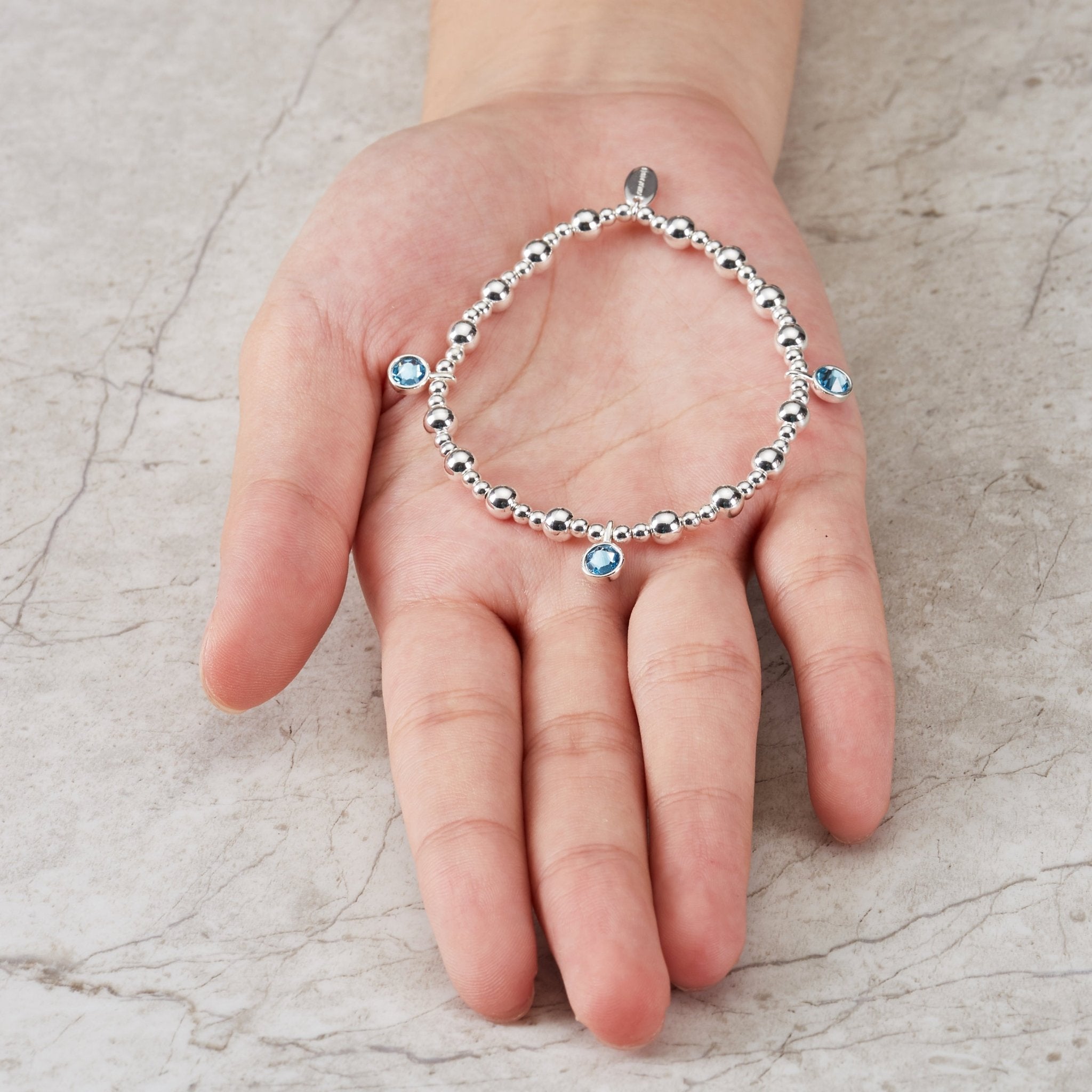 March (Aquamarine) Birthstone Stretch Charm Bracelet with Quote Gift Box