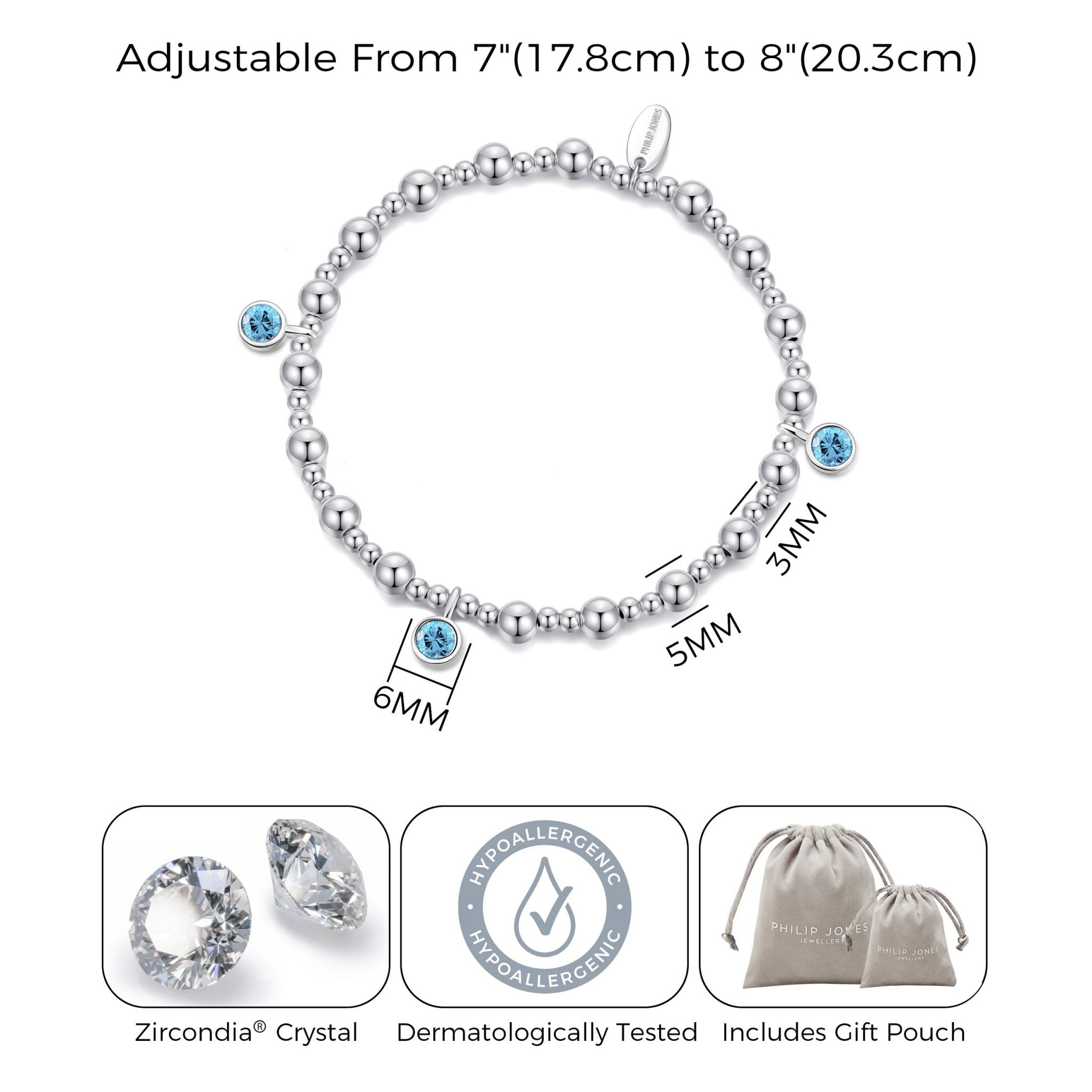 March (Aquamarine) Birthstone Stretch Charm Bracelet with Quote Gift Box