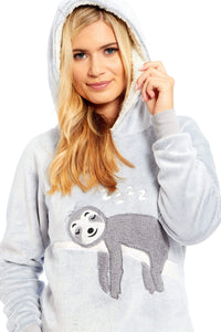 Matching Mother Daughter Plush Fleece Hooded Pyjama Set with Embroidered Sloth Design Ultra-Soft Sherpa-Lined Nightwear for Girls and Women by Daisy Dreamer