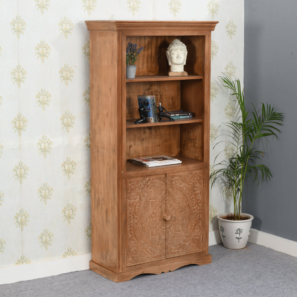 Carved Mango Wood Large Corner Bookcase   3 Shelving & 1 Door