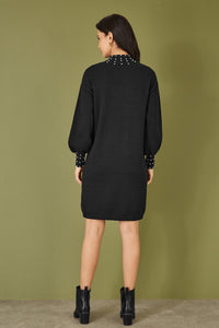 Mela Black Pearl Detail Knitted Relaxed Jumper Dress