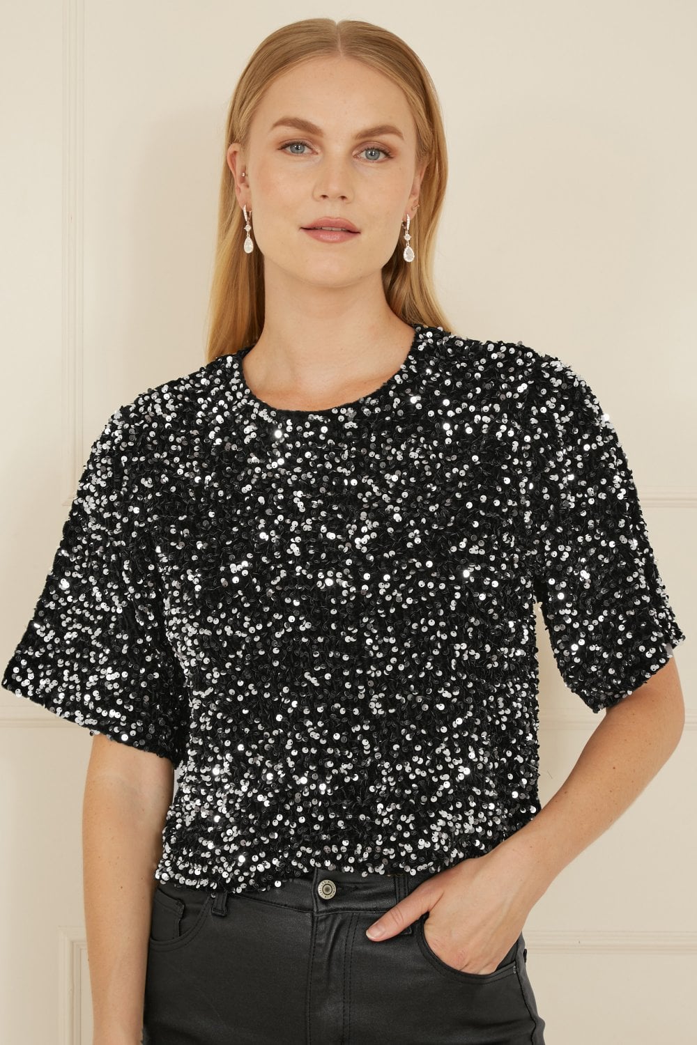 Mela Black Sequin Relaxed Fit Top