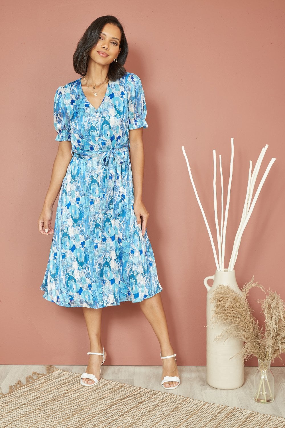 Mela Blue Abstract Print Tea Dress With Pleats And Front Split