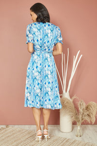 Mela Blue Abstract Print Tea Dress With Pleats And Front Split