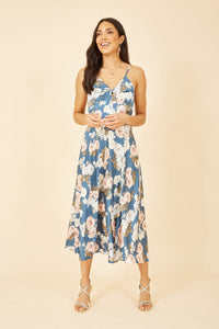 Mela Blue Floral Satin Twist Front Midi Dress