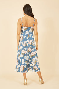Mela Blue Floral Satin Twist Front Midi Dress