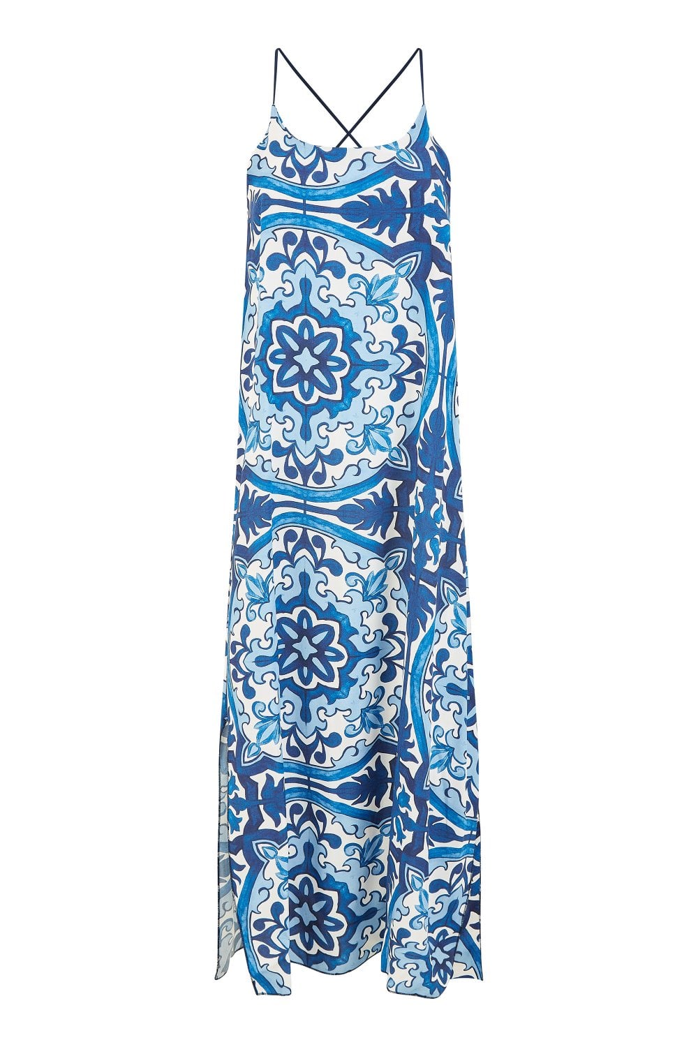 Mela Blue Tile Print Maxi Dress With Side Split Hem