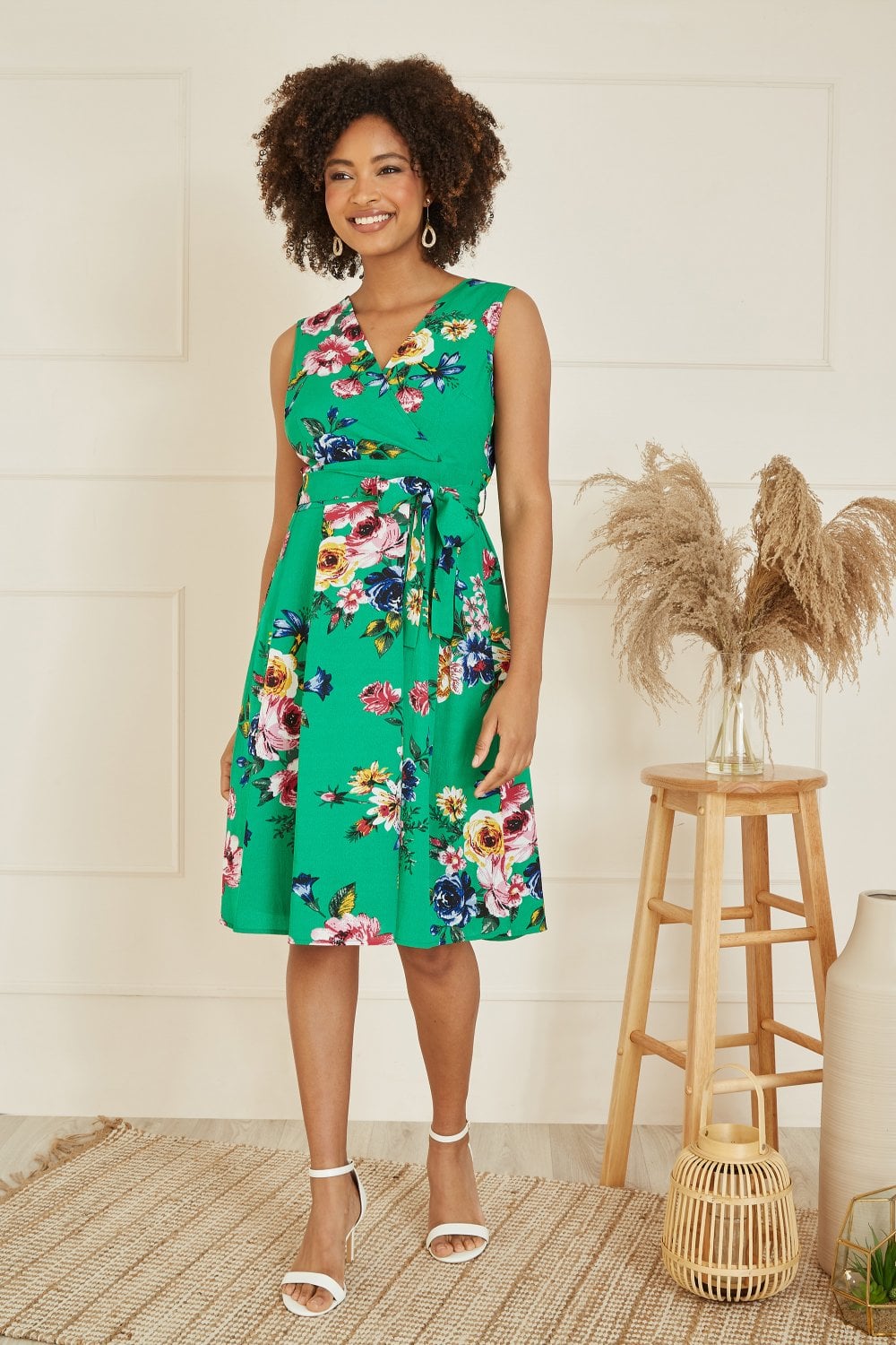 Mela Green Floral Wrap Over Midi Skater Dress