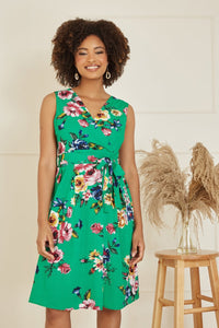 Mela Green Floral Wrap Over Midi Skater Dress