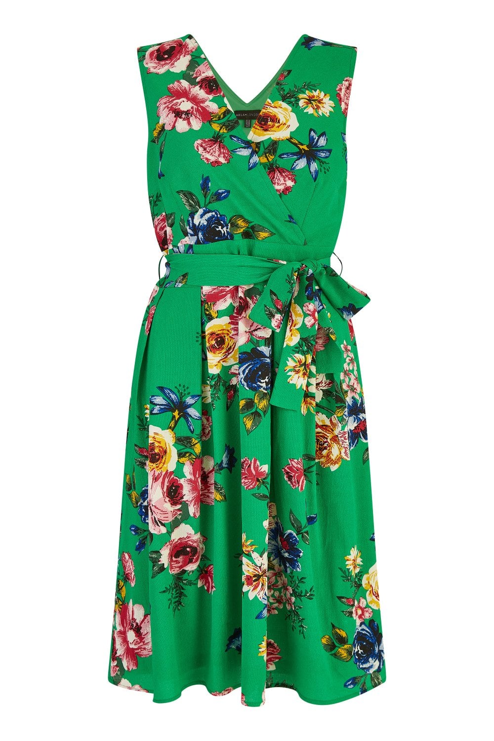 Mela Green Floral Wrap Over Midi Skater Dress