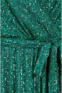 Mela Green Sequin Belted Wrap Long Sleeve Dress