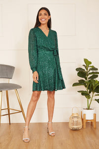 Mela Green Sequin Long Sleeve Frill Wrap Dress
