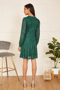 Mela Green Sequin Long Sleeve Frill Wrap Dress