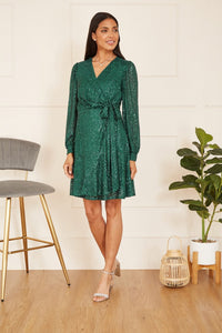 Mela Green Sequin Long Sleeve Frill Wrap Dress
