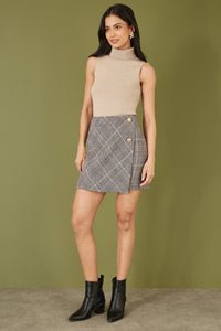 Mela Grey Checked Wrap Mini Skirt With Button Detail