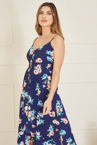 Mela Navy Floral High Low Frill Midi Dress