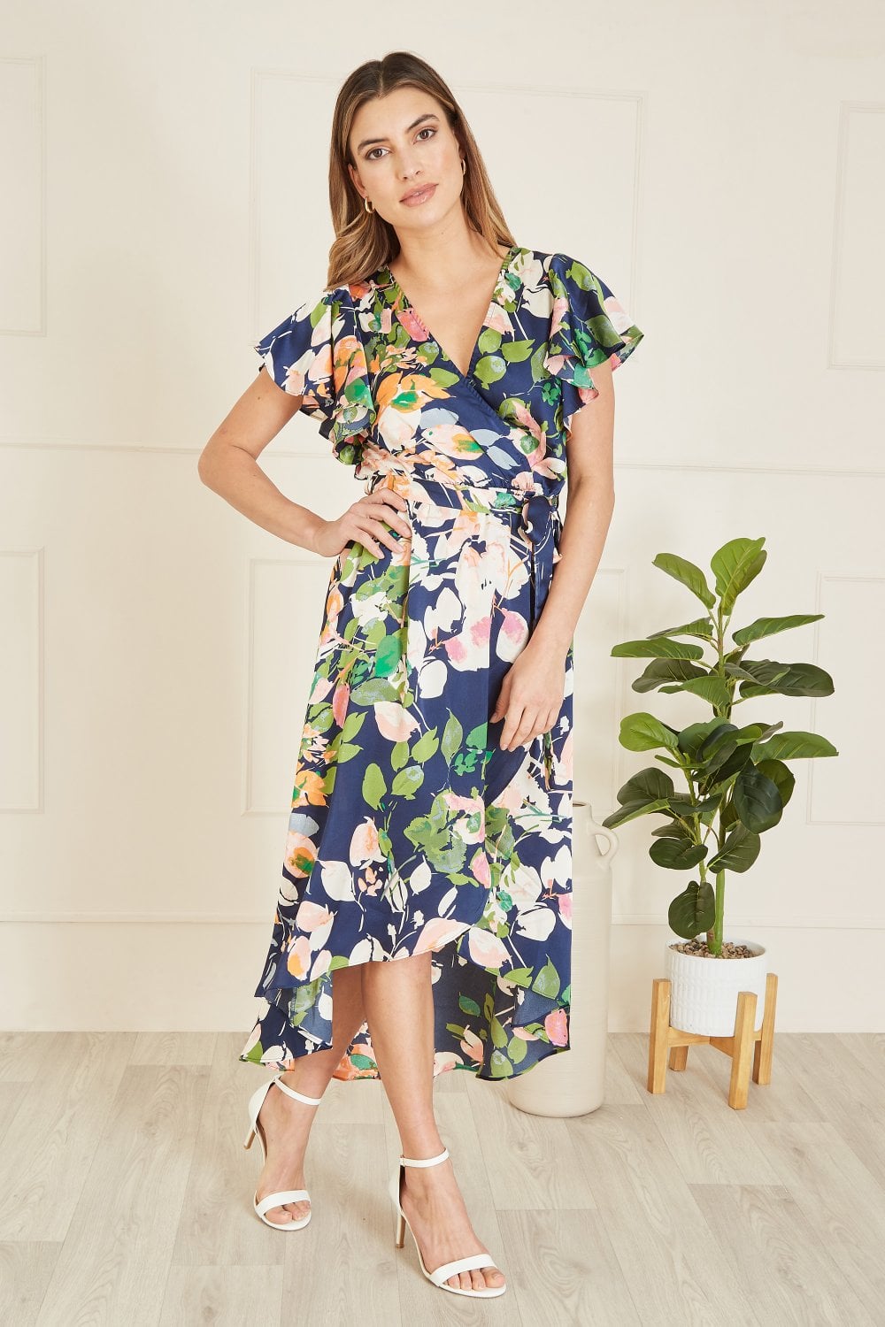 Mela Navy Floral Satin Wrap Over Midi Dress With Frill Sleeve