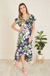Mela Navy Floral Satin Wrap Over Midi Dress With Frill Sleeve