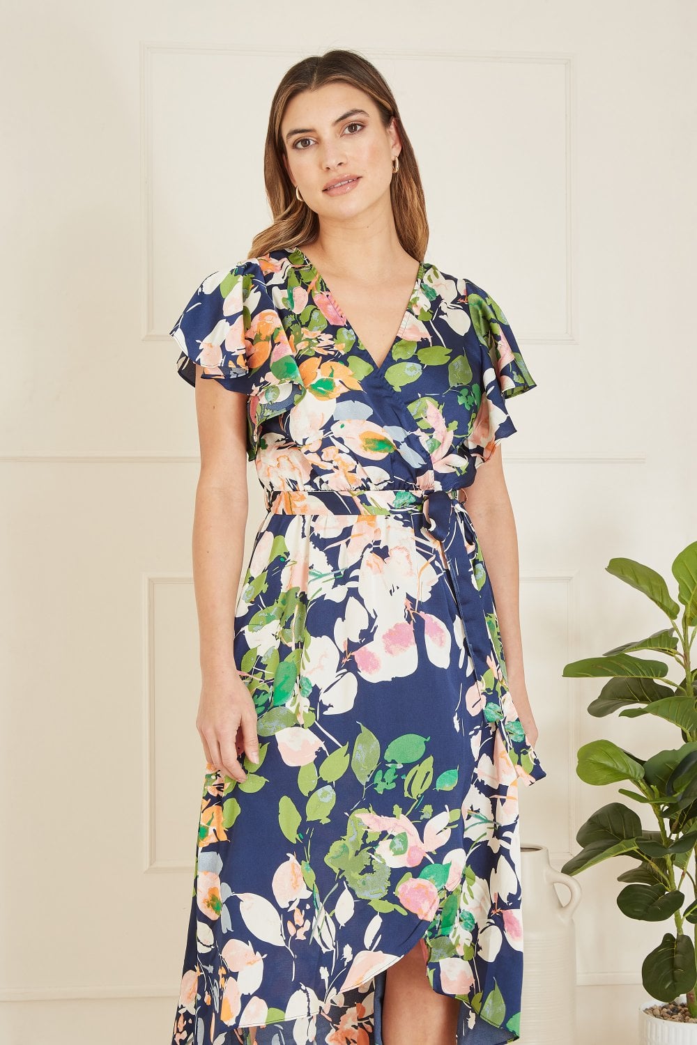 Mela Navy Floral Satin Wrap Over Midi Dress With Frill Sleeve