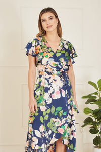 Mela Navy Floral Satin Wrap Over Midi Dress With Frill Sleeve