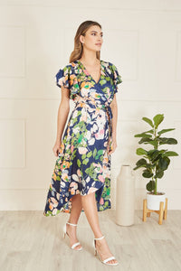 Mela Navy Floral Satin Wrap Over Midi Dress With Frill Sleeve