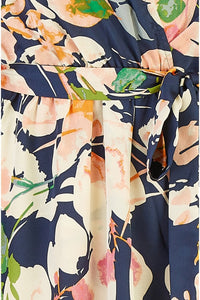 Mela Navy Floral Satin Wrap Over Midi Dress With Frill Sleeve