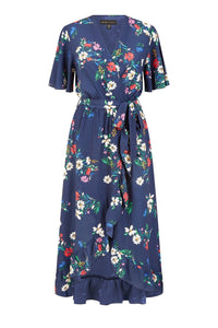Mela Navy Floral Wrap Dress With Frill Hem