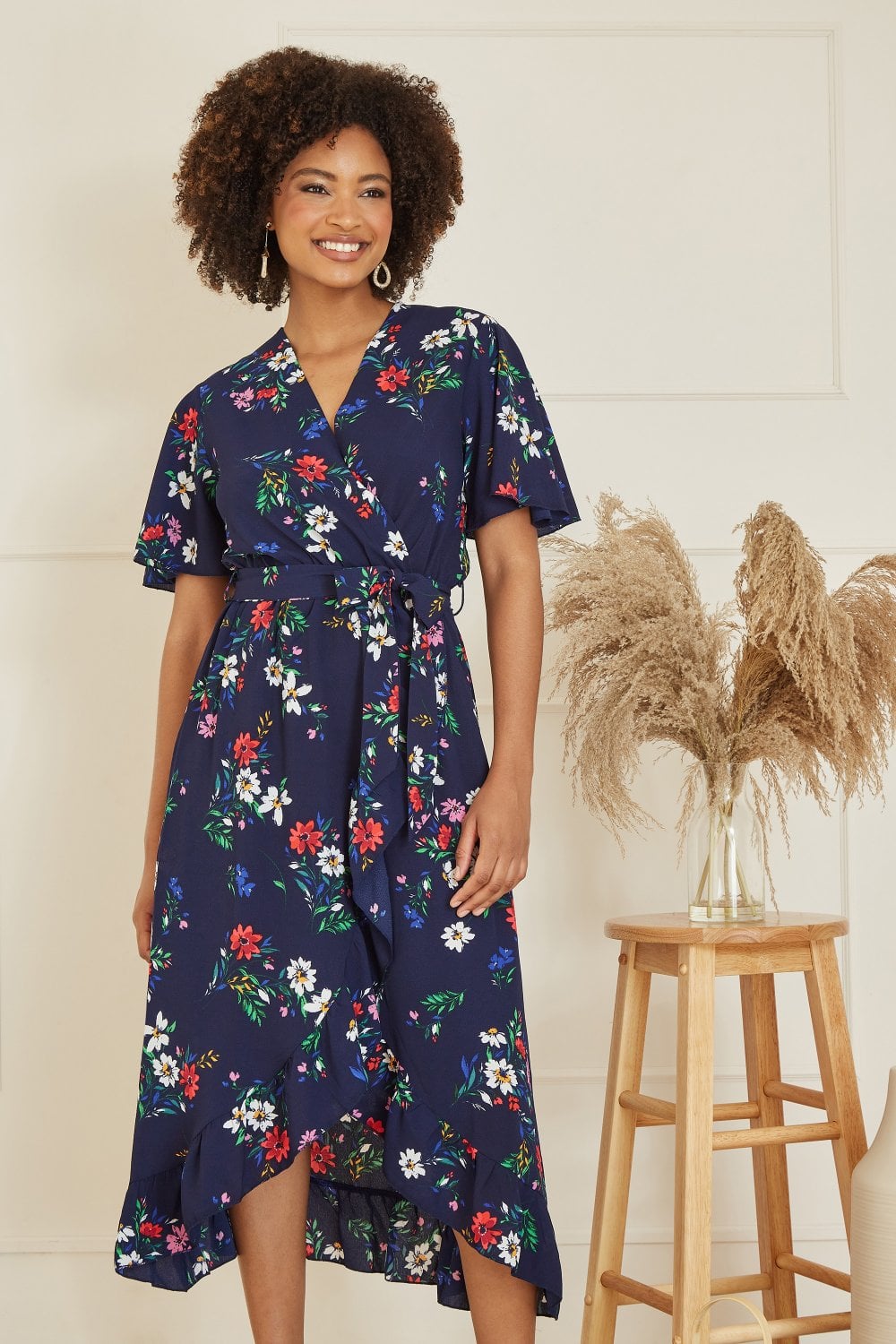 Mela Navy Floral Wrap Dress With Frill Hem