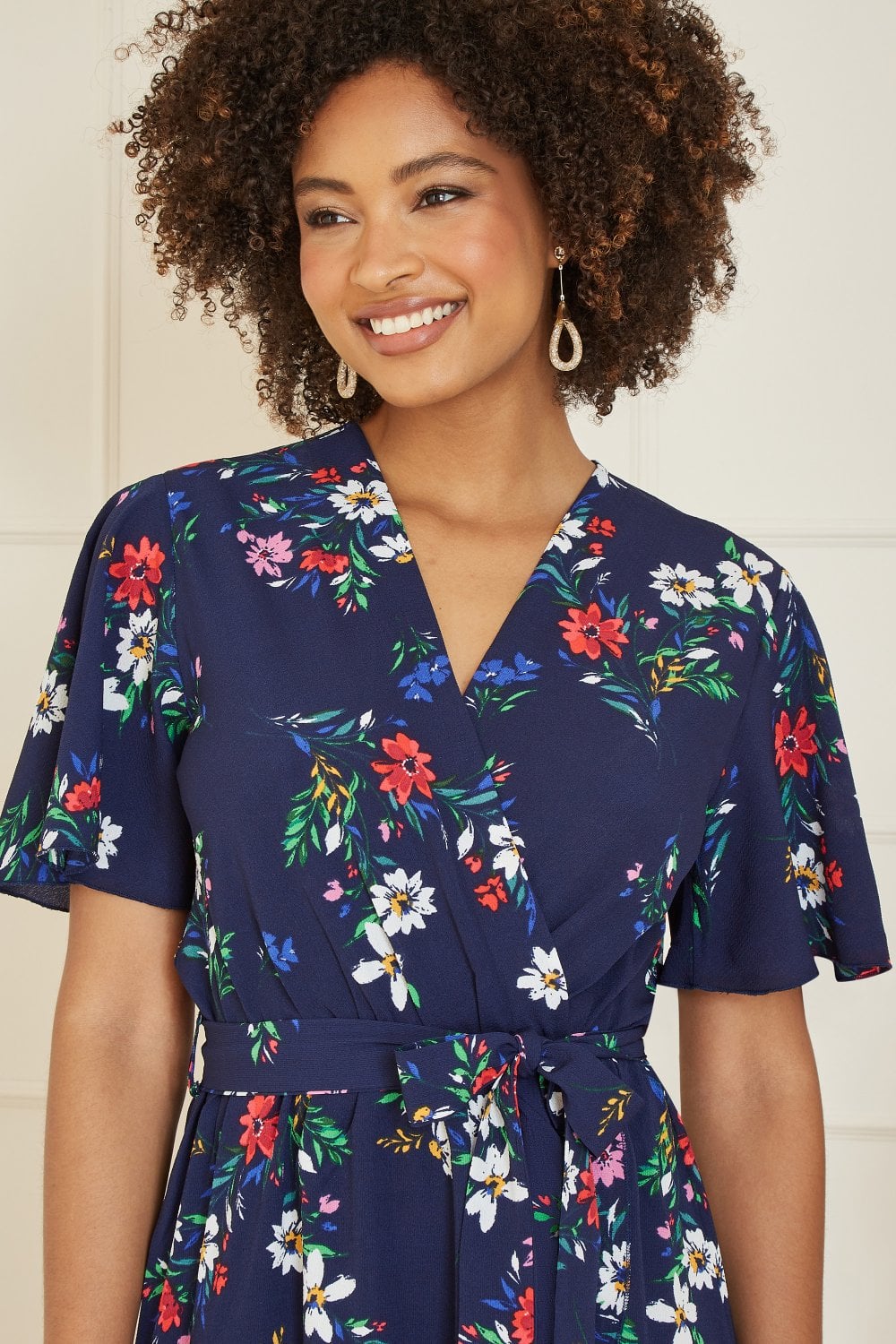 Mela Navy Floral Wrap Dress With Frill Hem
