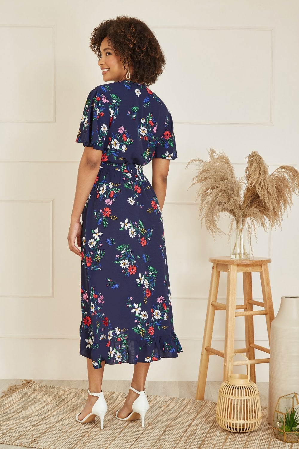 Mela Navy Floral Wrap Dress With Frill Hem